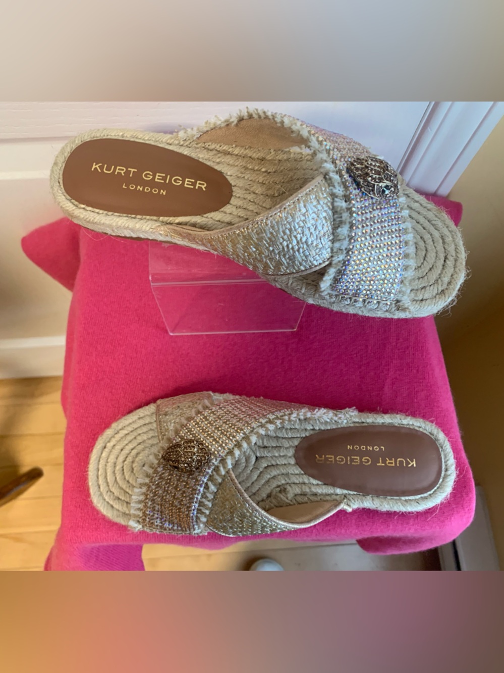 Kurt Geiger Gold Metallic Woven Espadrille Mule with Crystal Accent